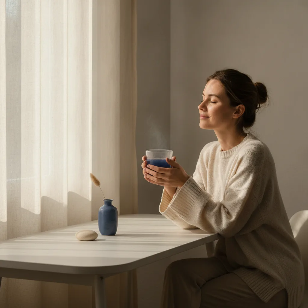 A woman in calm morning light with a ritual wellness drink